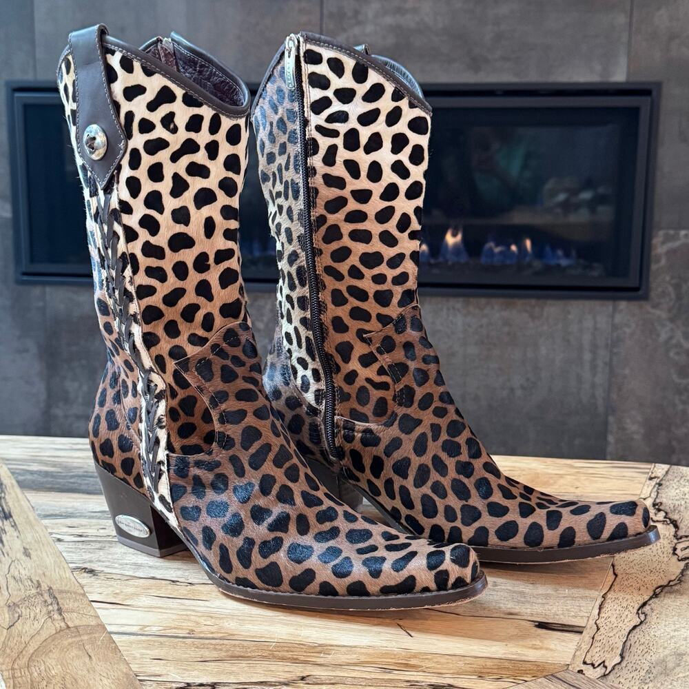 Rockwell Tharp Leopard Cheetah Hair On Hide Western Cowboy Boots Size 39 US 8.5